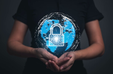 Poster - Cyber ​​theft prevention concept.Locking protect bank data from hackers online.Businessman locking personal data protection online via internet.