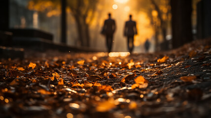 autumn falling leaves in the city park businessmen are running on yellow leaves joyfully scattering fallen leaves