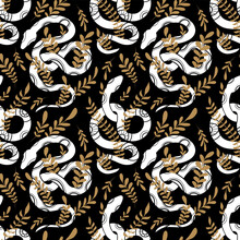 Vector Seamless Pattern With White Snake Silhouettes With Tribal Decorations And Gold Stems On A Black Background.