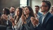 © VERTEX SPACE - Happy colleagues applauding while sitting in conference event at convention center business people sit together in convention hall listen seminar success clapping happiness,ai generate