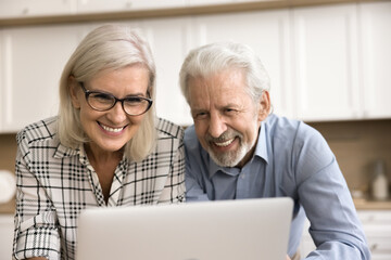 Canvas Print - Cheerful couple of older grandparents talking on online family video call, standing at laptop computer in home kitchen, using device for distant Internet communication