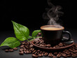 © Ameer - a cup of hot steaming coffee on a black background