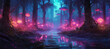 Dark Forest with Purple Glowing Mushrooms extreme closeup. Generative AI