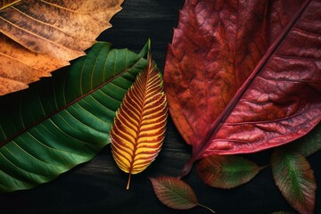 Wall Mural - Vibrant autumn foliage up close. Flat lay image for nature concept. Tropical leaves as banner. Generative AI