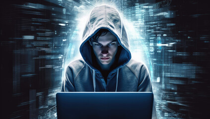 Poster - Anonymous Hacker in Hoodie Using Computer Laptop for Organizing Massive Cyber Attack extreme closeup. Generative AI