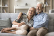 © fizkes - Positive dreamy senior grandpa and grandma relaxing on comfortable sofa at home, hugging with love, warmth, affection, talking, discussing retirement, smiling, laughing, looking away, thinking