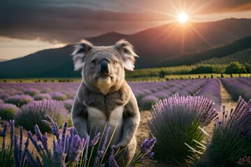 Koala sitting in a lavender field full of lavender flower. Generative AI