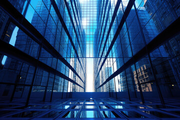 Poster - Office Skyscrapers Buildings Against a Beautiful Blue Sky extreme closeup. Generative AI