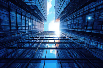 Poster - Office Skyscrapers Buildings Against a Beautiful Blue Sky extreme closeup. Generative AI