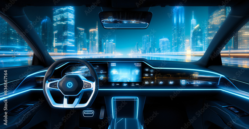 Futuristic interior of a car with digital displays and hologram screens ...