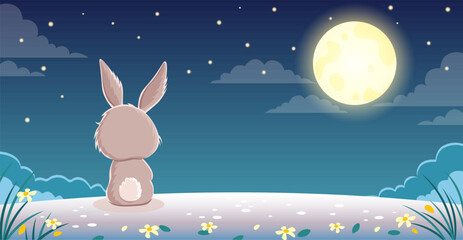 Korean chuseok, mid autumn festival design. Korean thankgiving. A rabbit looking at the moon.