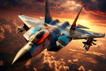 Futuristic combat military jet on sunset sky