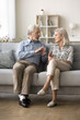 © fizkes - Serious elder grey haired husband and wife talking on home couch, discussing family relationships problems, retirement, sitting on sofa in home living room, arguing, Vertical shot