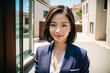 Japanese business woman standing smiling on the street,
career woman,
office lady,