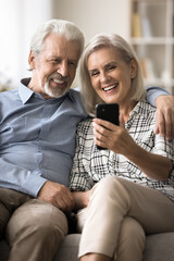 Canvas Print - Cheerful old retired husband and wife using smartphone together, talking on family conference video call, enjoying distant online communication, modern Internet technology. Vertical shot