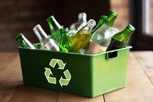 Recycling Bin With Bottles On Wooden Table, Closeup View