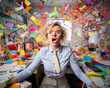 Frustrated angry woman at work. Flying colorful sticky notes. Too many responsibilities. Generative Ai.