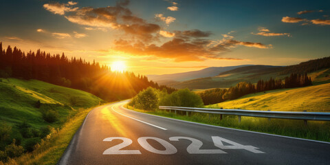 New year 2024, Concept photo written on the road in the middle of asphalt road at morning, A conceptual photo of the path leading to a bright future, generative ai