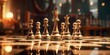 The set of golden chess pieces element pawn standing on chessboard, Business strategy brainstorm chess board game, vertical style. Leadership, teamwork, business strategy concept, generative ai