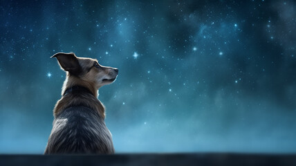 Wall Mural - dog view from the back sitting and looking at the stars in the night sky.