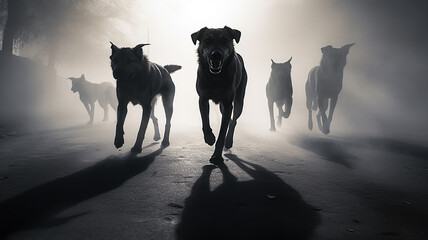 phobia fear horror attack of a pack of dogs in a black and white fog.