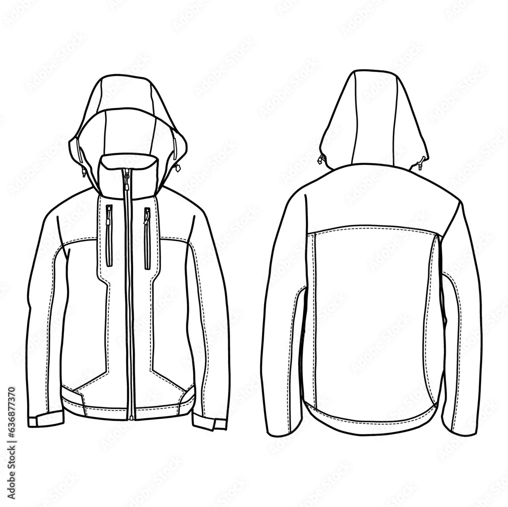 Technical sketch drawing of jacket vector template in front and back ...
