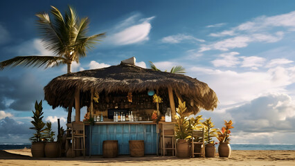 Wall Mural - tiki bar on the beach with a palm tree and a blue sky with clouds in the background, neural network generated image