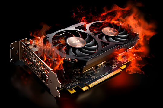flaming graphics card, isolated on black background