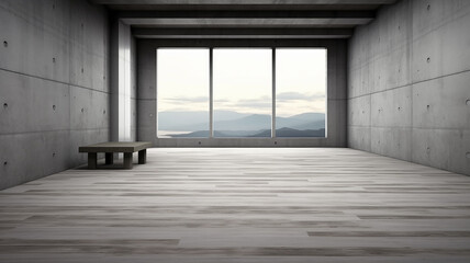 bright empty room hall with a large window and parquet, natural lighting.