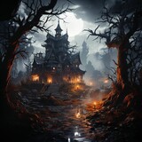 Fototapeta Do pokoju - Spooky Witch House with Scary Trees and Moonlight. Horror Halloween Background