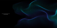 Flowing Dots Particles Wave Pattern Blue Green Gradient Light Isolated On Black Background. Vector In Concept Of  Technology, Science, Music, Modern.