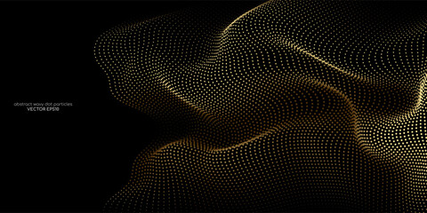 Aufkleber - Flowing dots particles wave pattern gold gradient light isolated on black background. Vector in concept of luxury, technology, science, music, modern.