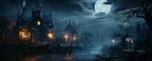 Spooky Witch House With Scary Trees And Moonlight. Horror Halloween Background