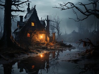 Spooky Witch House with Scary Trees and Moonlight. Horror Halloween Background