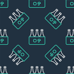 Poster - Line Pack of beer bottles icon isolated seamless pattern on black background. Case crate beer box sign. Vector