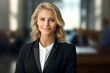 Smiling confident white blonde female lawyer with a business suit in courthouse background, professional attorney wallpaper, Horizontal format 3:2