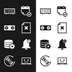 Poster - set delete file document, stereo speaker, digital alarm clock, calendar with check mark, setting dat