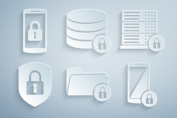 Poster - Set Folder and lock, Server security with, Shield, Smartphone, and icon. Vector