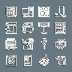 Wall Mural - Set line Electric drill machine, circular saw, Vending, Gas stove, Air compressor, mixer, Telephone and heater icon. Vector