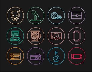 Poster - Set line Portable video game console, Poker, Coin for, Slot machine, Game with joystick, Mask of the devil horns, Video and Microphone icon. Vector