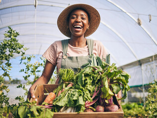 Wall Mural - Smile, greenhouse and portrait of black woman on farm with sustainable business, nature and plants. Agriculture, gardening and happy female farmer in Africa, green vegetables and agro farming food.