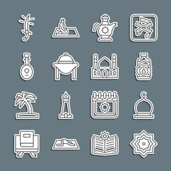 Sticker - Set line Octagonal star, Muslim Mosque, Bottle of water, Islamic teapot, Table food, Lute, Arabian saber and icon. Vector