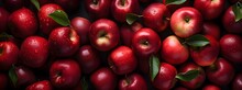 Red Apples With Leaves, Closeup With Top View, Red Apple Patterns, Top View Of Bright Ripe Fragrant Red Apples With Water Drops As Background