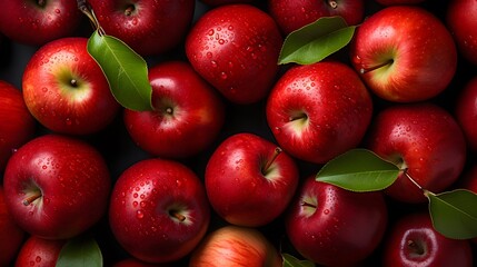 Red apples with leaves, closeup with top view, Red apple patterns, Top view of bright ripe fragrant red apples with water drops as background