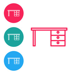 Poster - Red line Office desk icon isolated on white background. Set icons in circle buttons. Vector