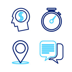 Poster - Set line Chat, Map pin, Stopwatch and Business man planning mind icon. Vector