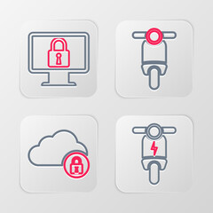 Poster - Set line Electric scooter, Cloud computing lock, Scooter and Lock on monitor icon. Vector