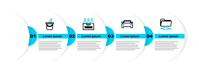 Poster - set line ftp folder, car, bottles of wine in box and bucket icon. vector