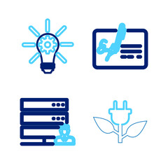 Poster - Set line Electric saving plug in leaf, Customer care server, Signed document and Light bulb with gear icon. Vector