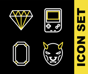 Poster - set line portable video game console, mask of the devil with horns, poker and diamond icon. vector